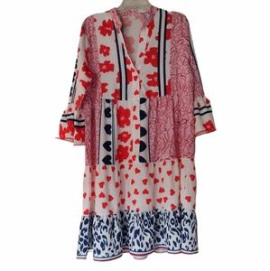 Red white blue hearts stripes flowers dress XL